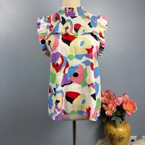 Anthropologie THML Smocked Artsy Mock Neck Cap Sleeve Vibrant Abstract Print Sm